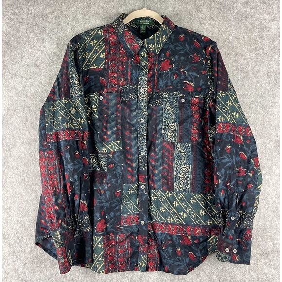 Lauren Ralph Lauren Top Womens XL Patchwork Print Roll Tab Button Up Artsy - Picture 1 of 13